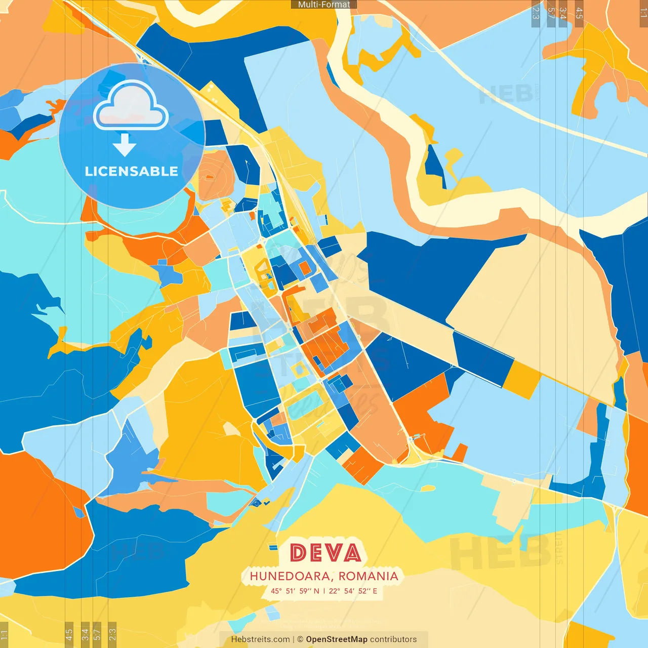 Deva, Hunedoara, Romania blue and orange vector art map template