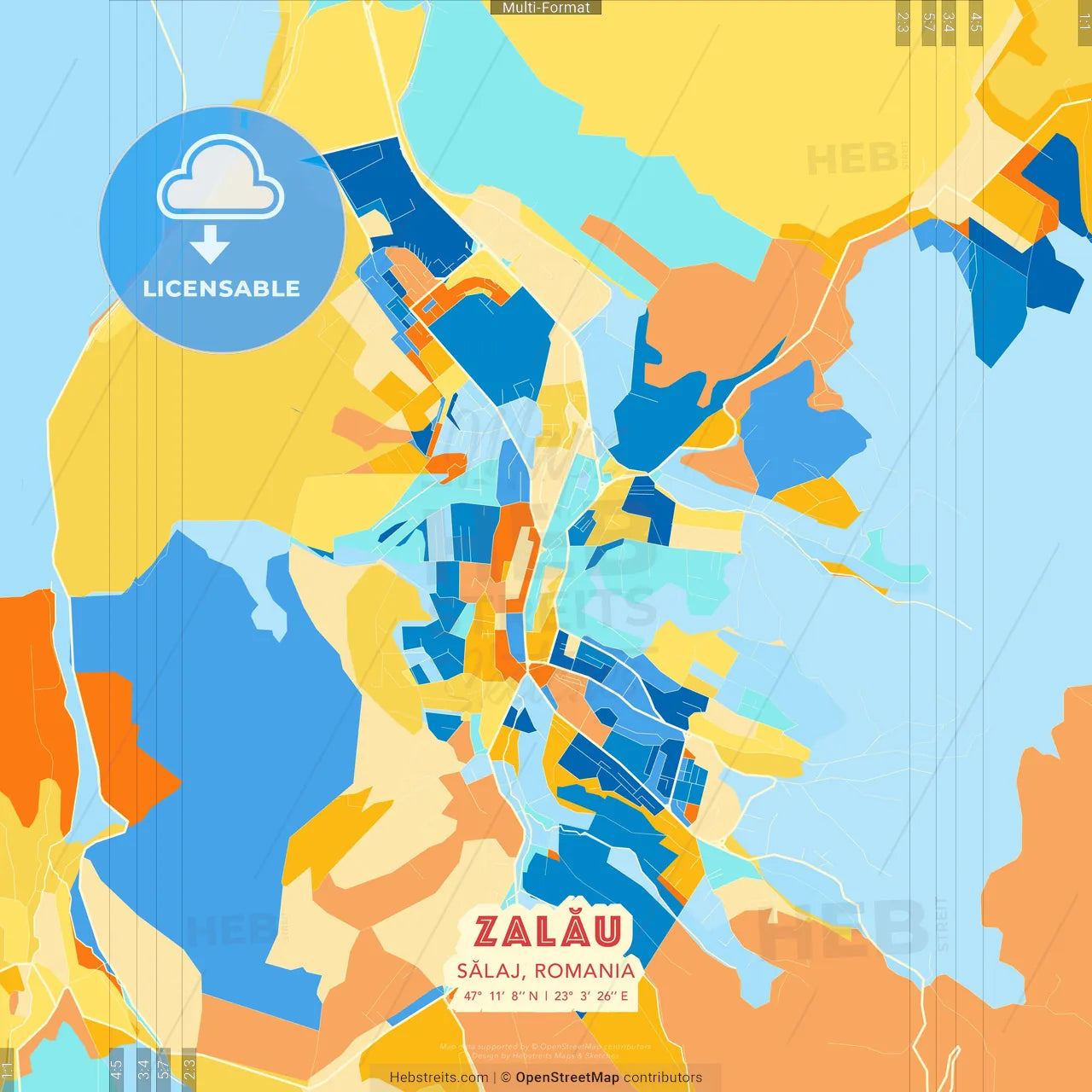 Zalău, Sălaj, Romania blue and orange vector art map template