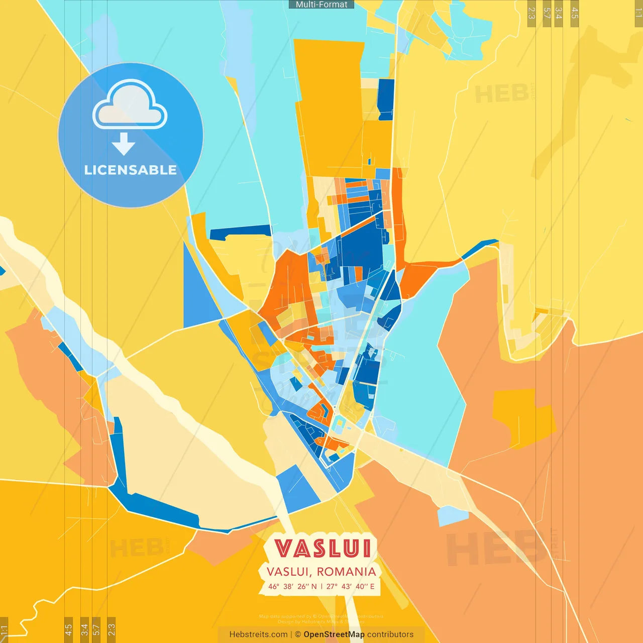 Vaslui, Vaslui, Romania blue and orange vector art map template