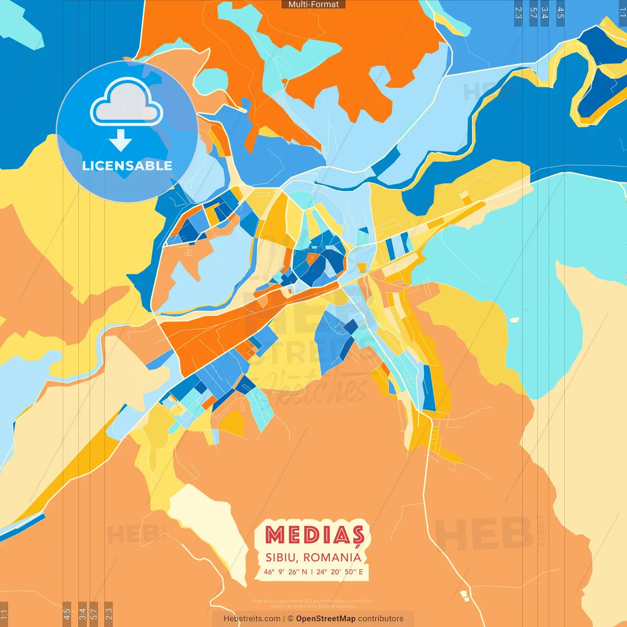 Mediaș, Sibiu, Romania blue and orange vector art map template