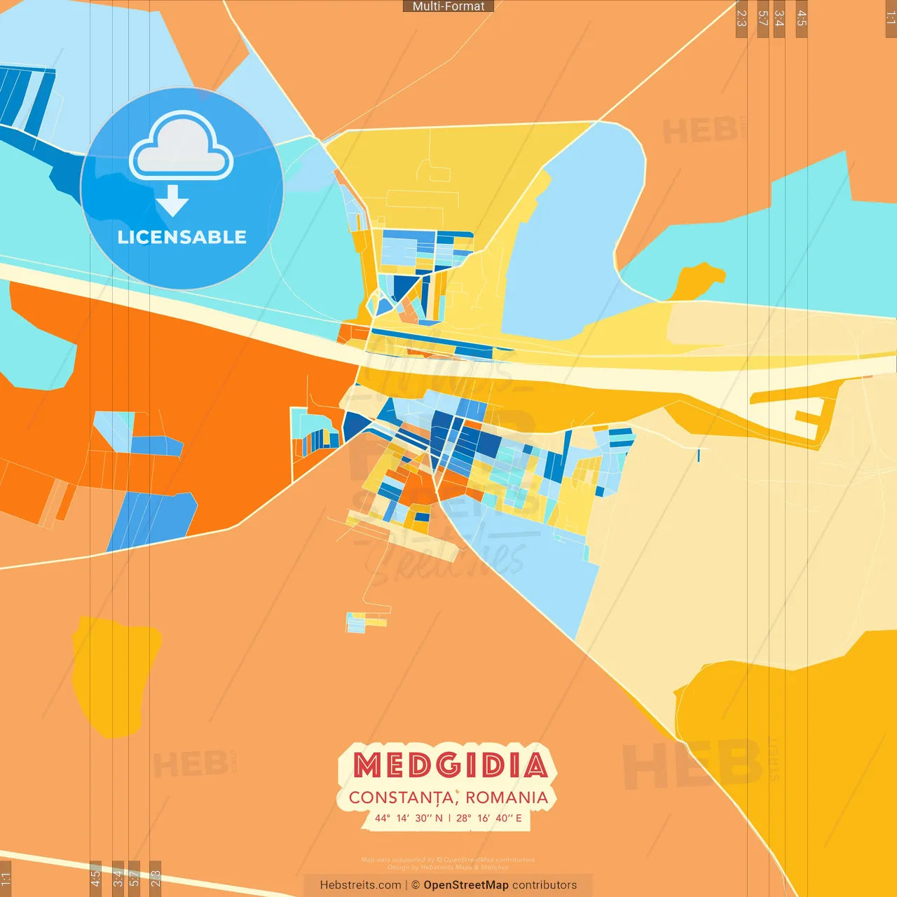 Medgidia, Constanța, Romania blue and orange vector art map template