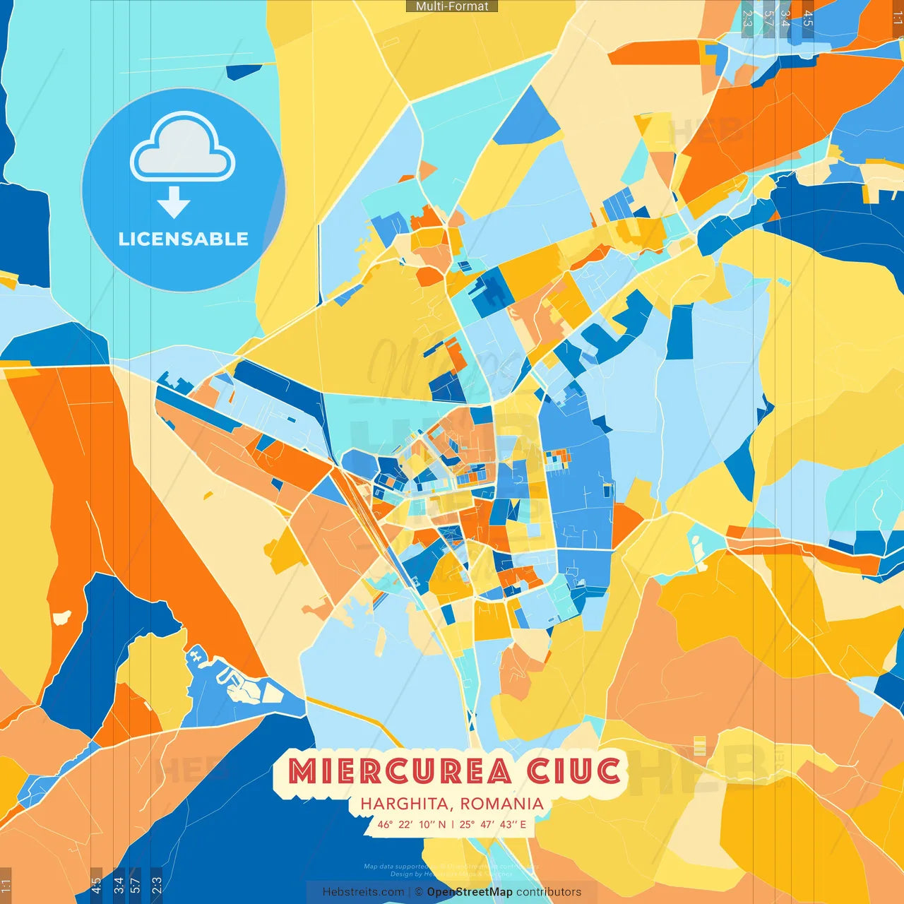 Miercurea Ciuc, Harghita, Romania blue and orange vector art map template