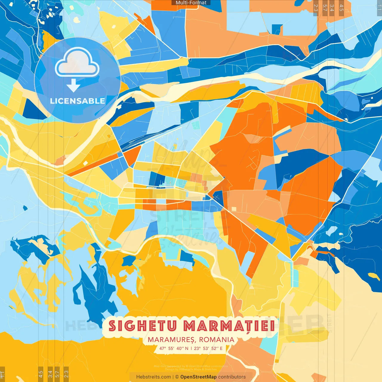Sighetu Marmației, Maramureș, Romania blue and orange vector art map template