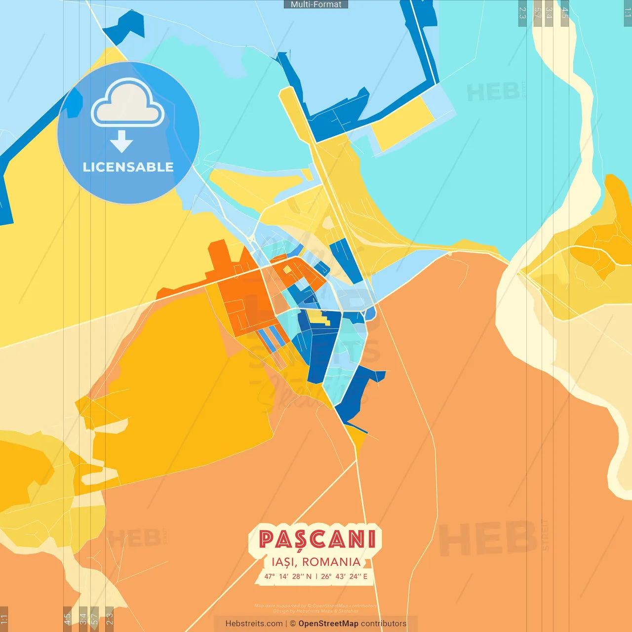 Pașcani, Iași, Romania blue and orange vector art map template