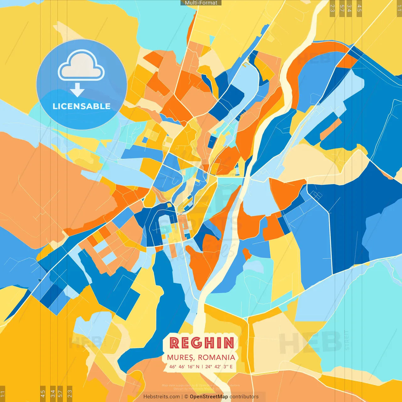 Reghin, Mureș, Romania blue and orange vector art map template