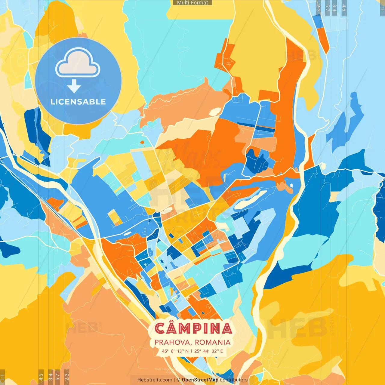 Câmpina, Prahova, Romania blue and orange vector art map template