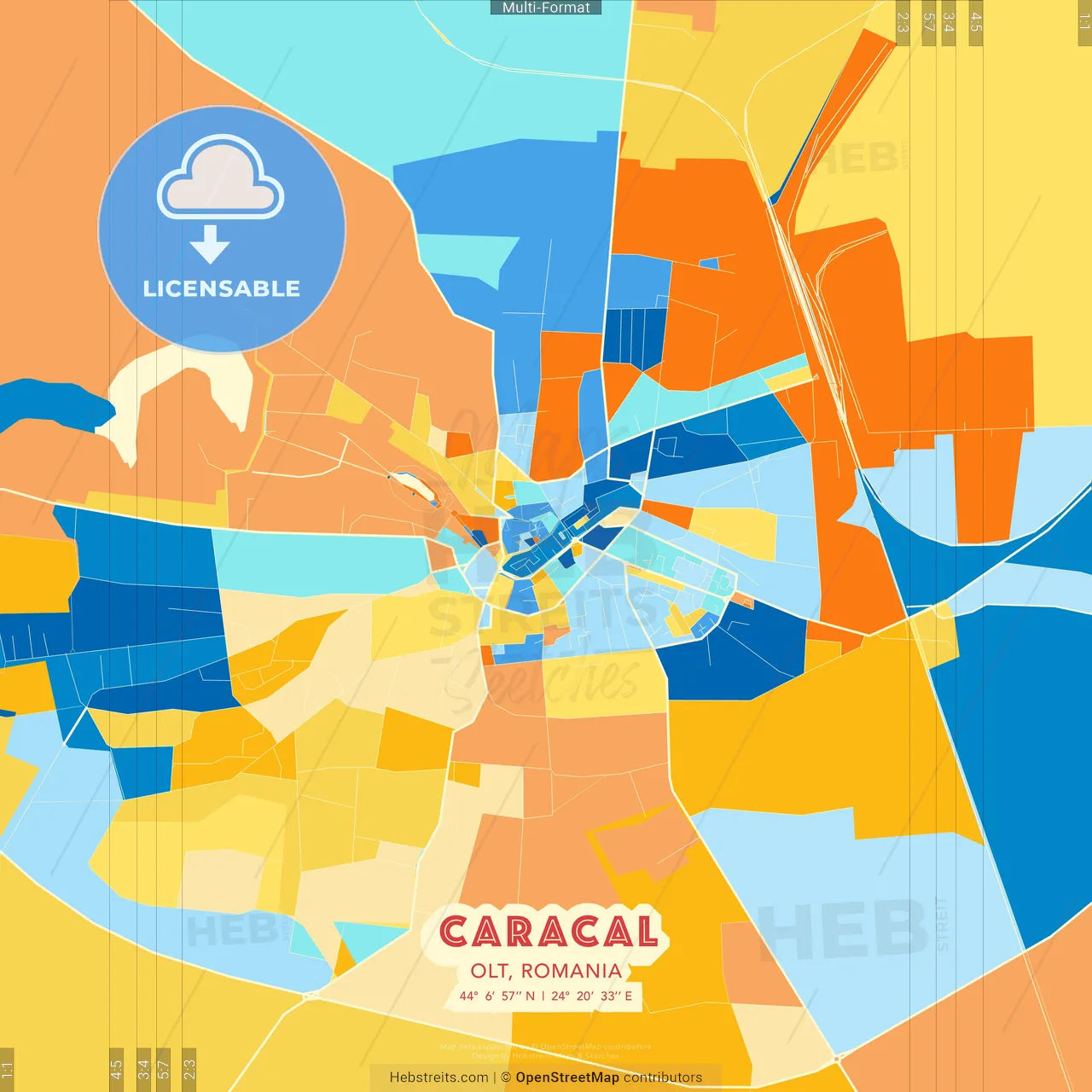 Caracal, Olt, Romania blue and orange vector art map template