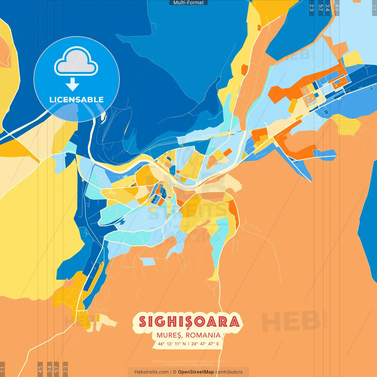 Sighișoara, Mureș, Romania blue and orange vector art map template