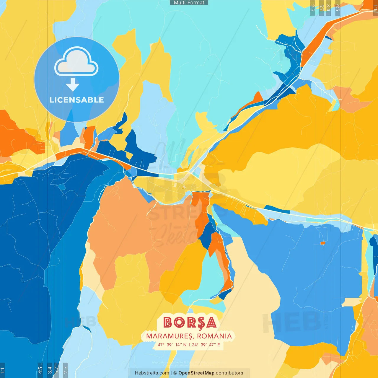 Borșa, Maramureș, Romania blue and orange vector art map template