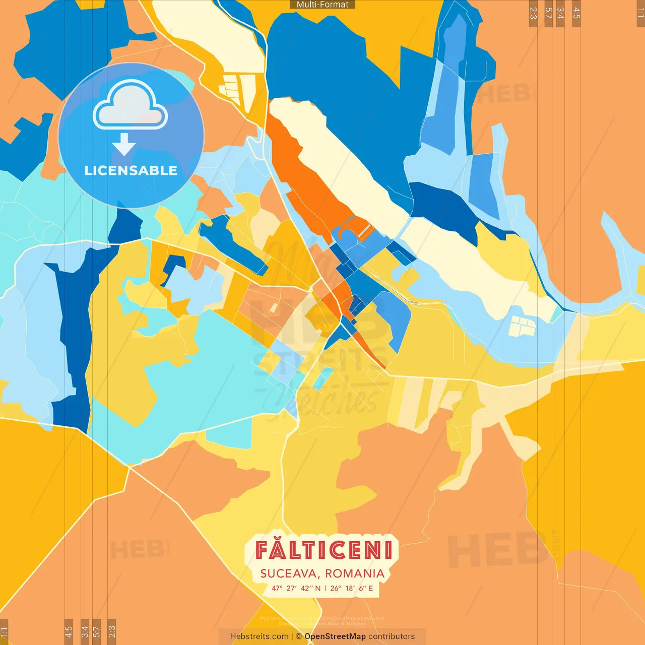 Fălticeni, Suceava, Romania blue and orange vector art map template