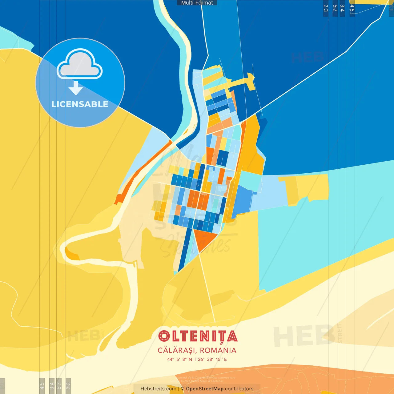 Oltenița, Călărași, Romania blue and orange vector art map template