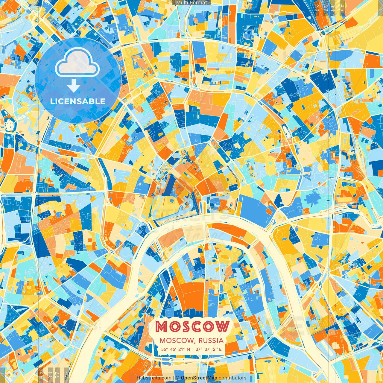 Moscow, Moscow, Russia blue and orange vector art map template