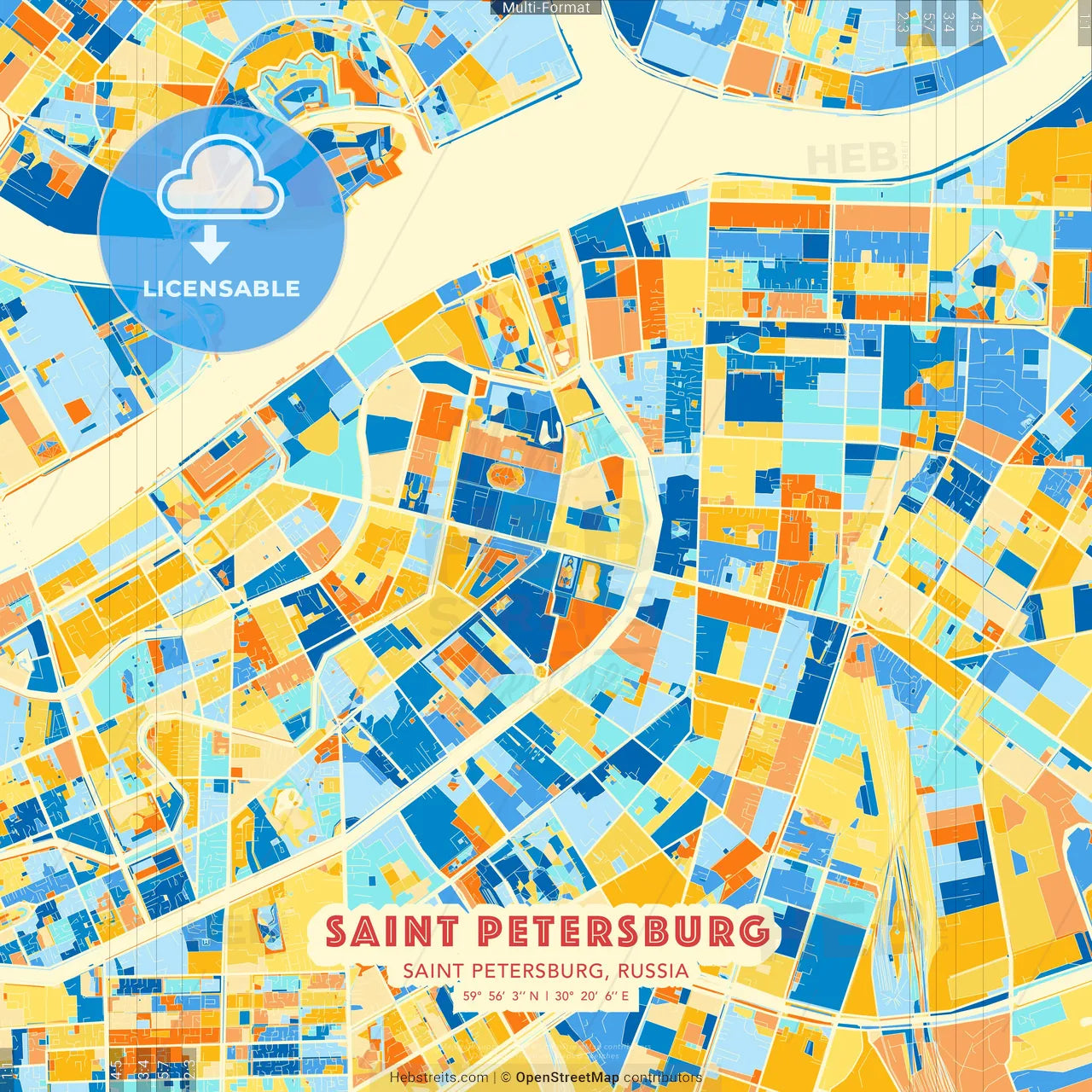 Saint Petersburg, Saint Petersburg, Russia blue and orange vector art map template