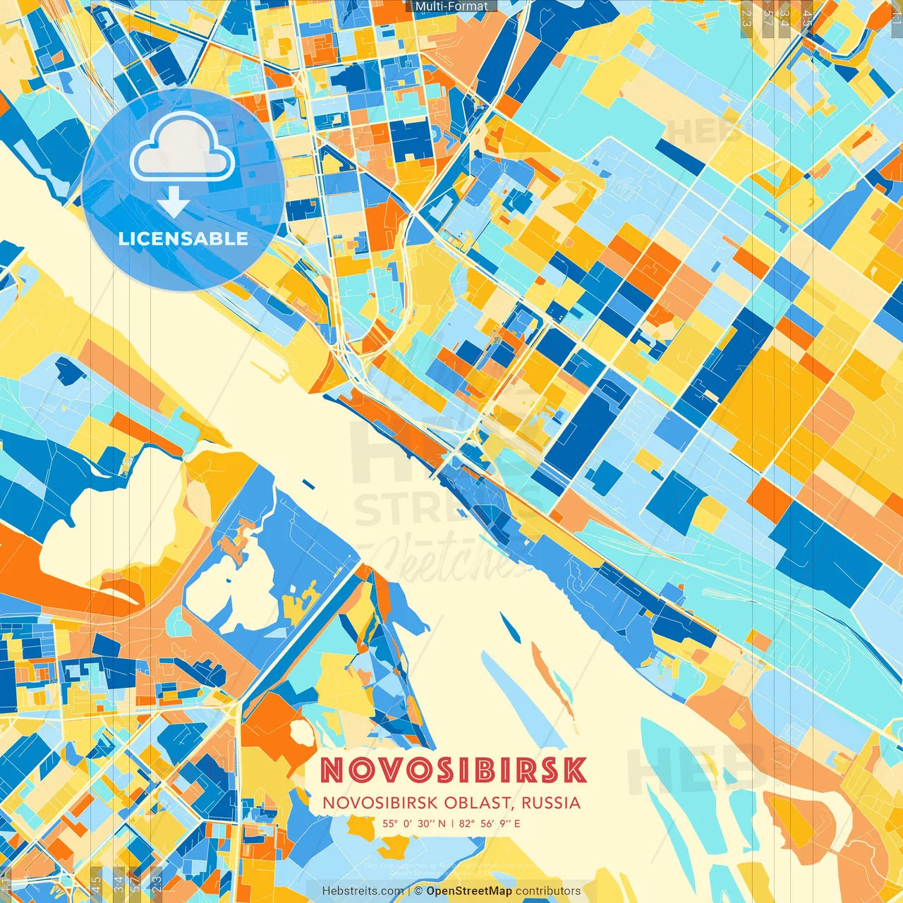 Novosibirsk, Novosibirsk Oblast, Russia blue and orange vector art map template