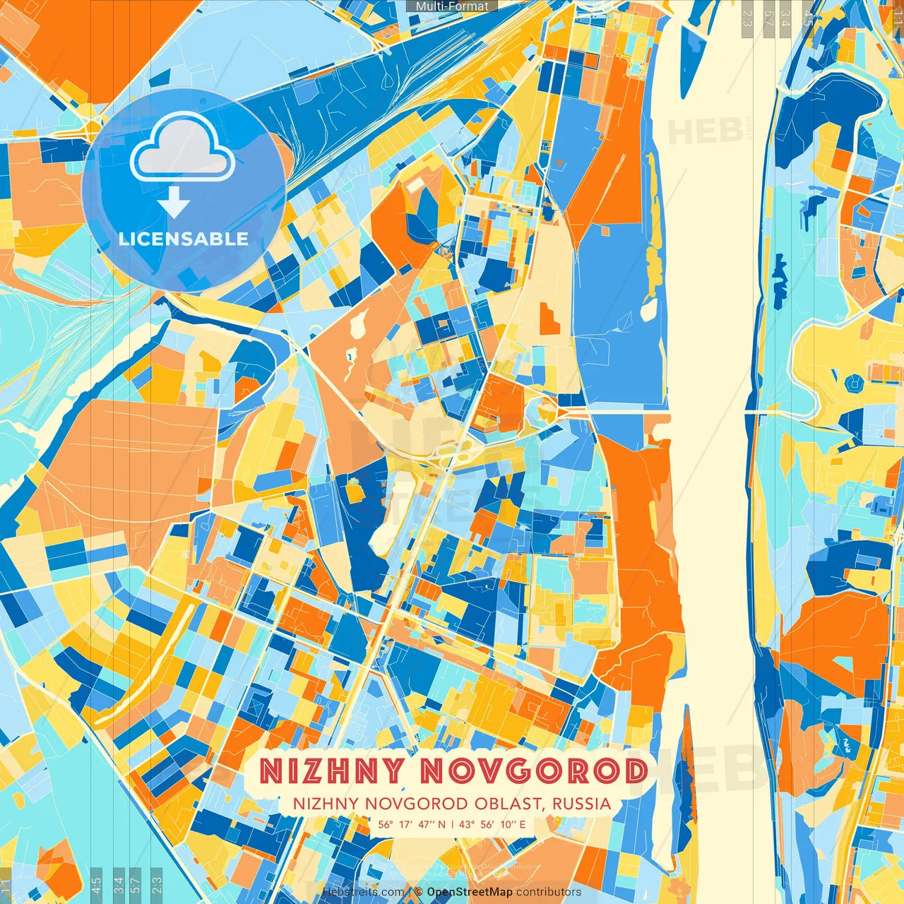 Nizhny Novgorod, Nizhny Novgorod Oblast, Russia blue and orange vector art map template