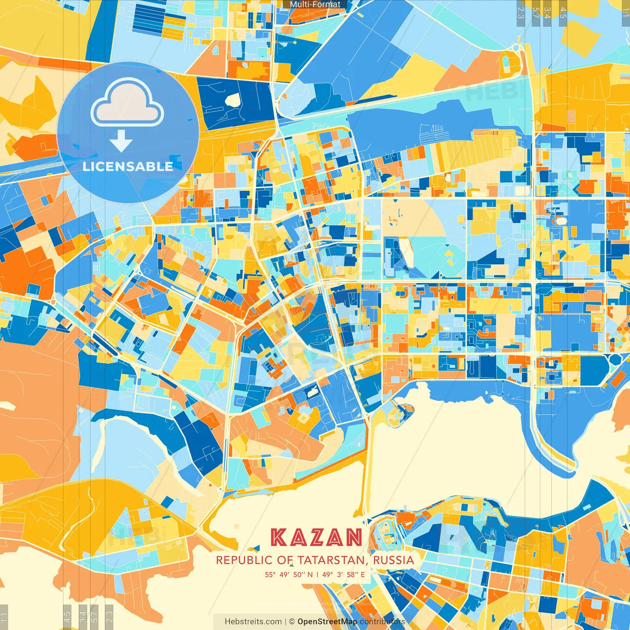 Kazan, Republic of Tatarstan, Russia blue and orange vector art map template
