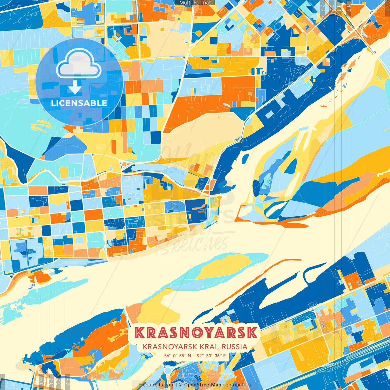 Krasnoyarsk, Krasnoyarsk Krai, Russia blue and orange vector art map template