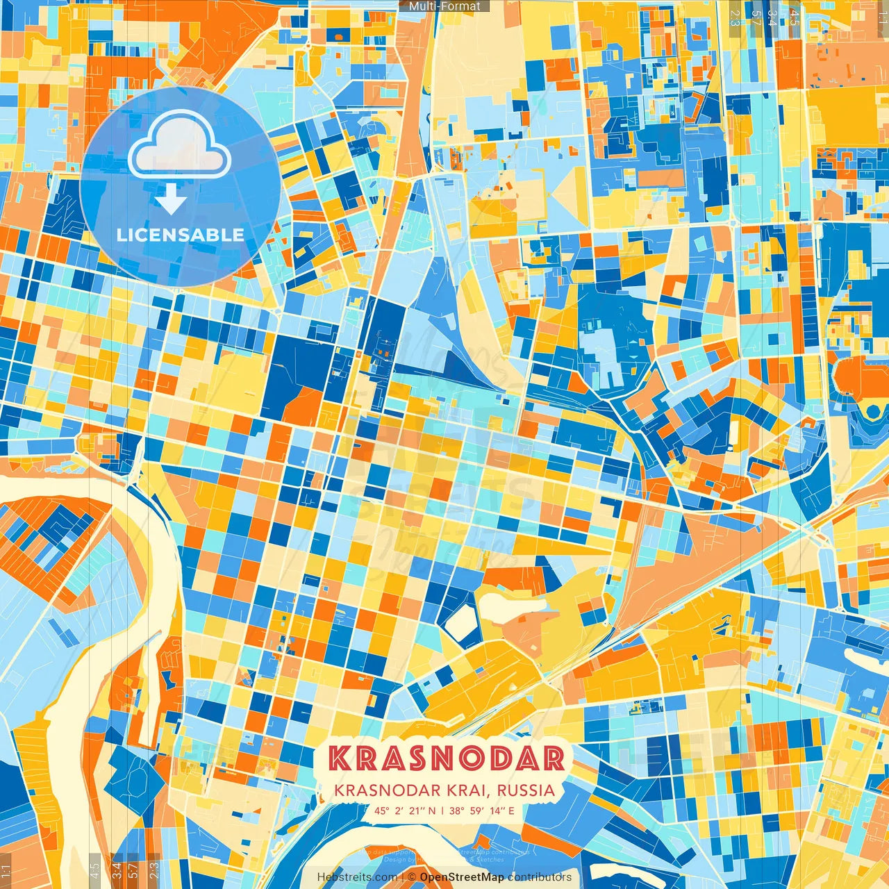 Krasnodar, Krasnodar Krai, Russia blue and orange vector art map template