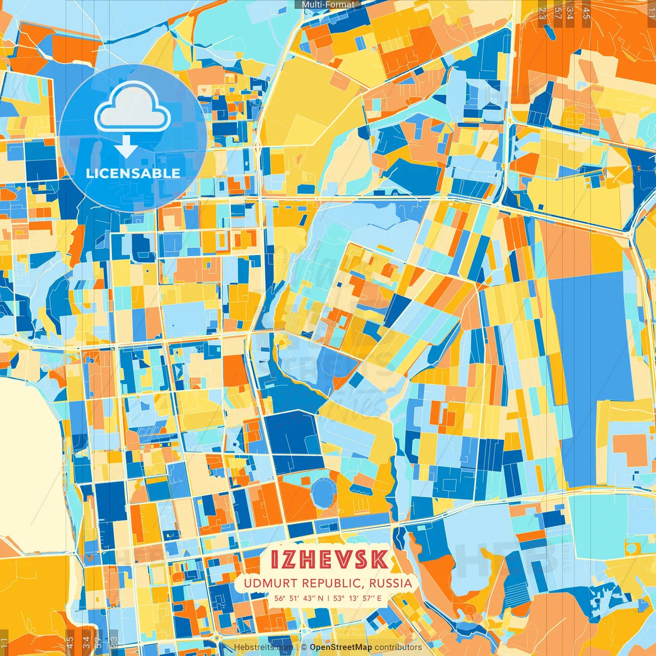 Izhevsk, Udmurt Republic, Russia blue and orange vector art map template