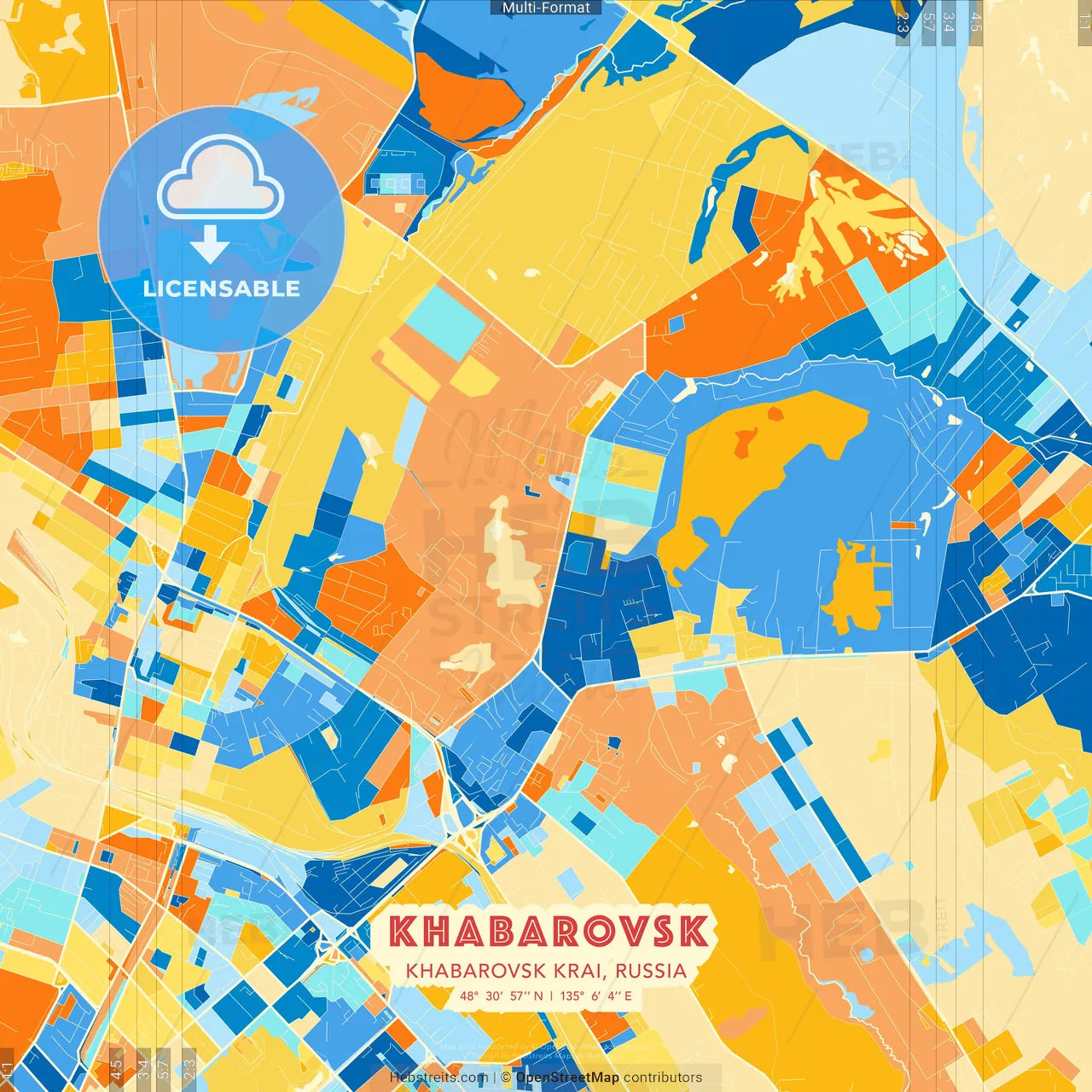 Khabarovsk, Khabarovsk Krai, Russia blue and orange vector art map template