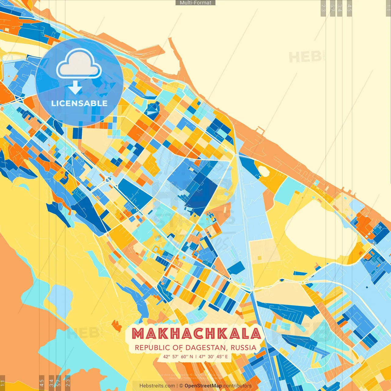 Makhachkala, Republic of Dagestan, Russia blue and orange vector art map template