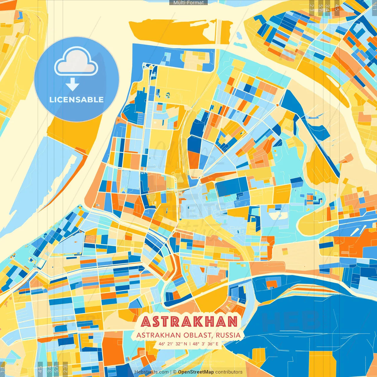 Astrakhan, Astrakhan Oblast, Russia blue and orange vector art map template