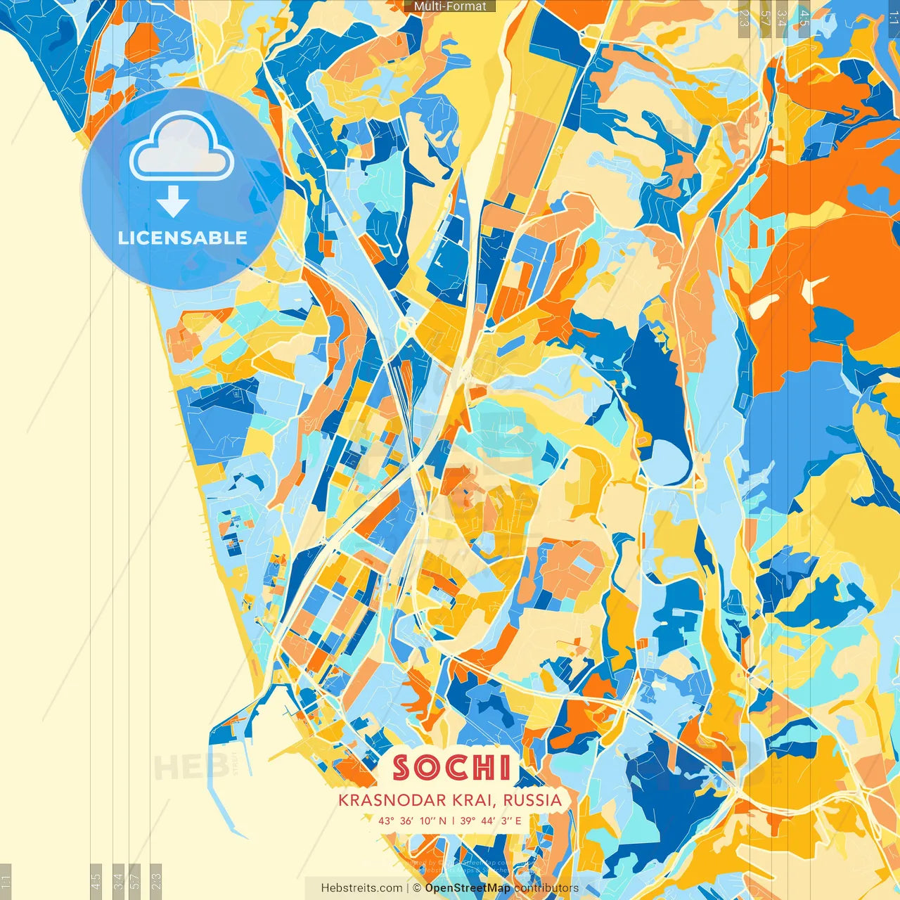 Sochi, Krasnodar Krai, Russia blue and orange vector art map template