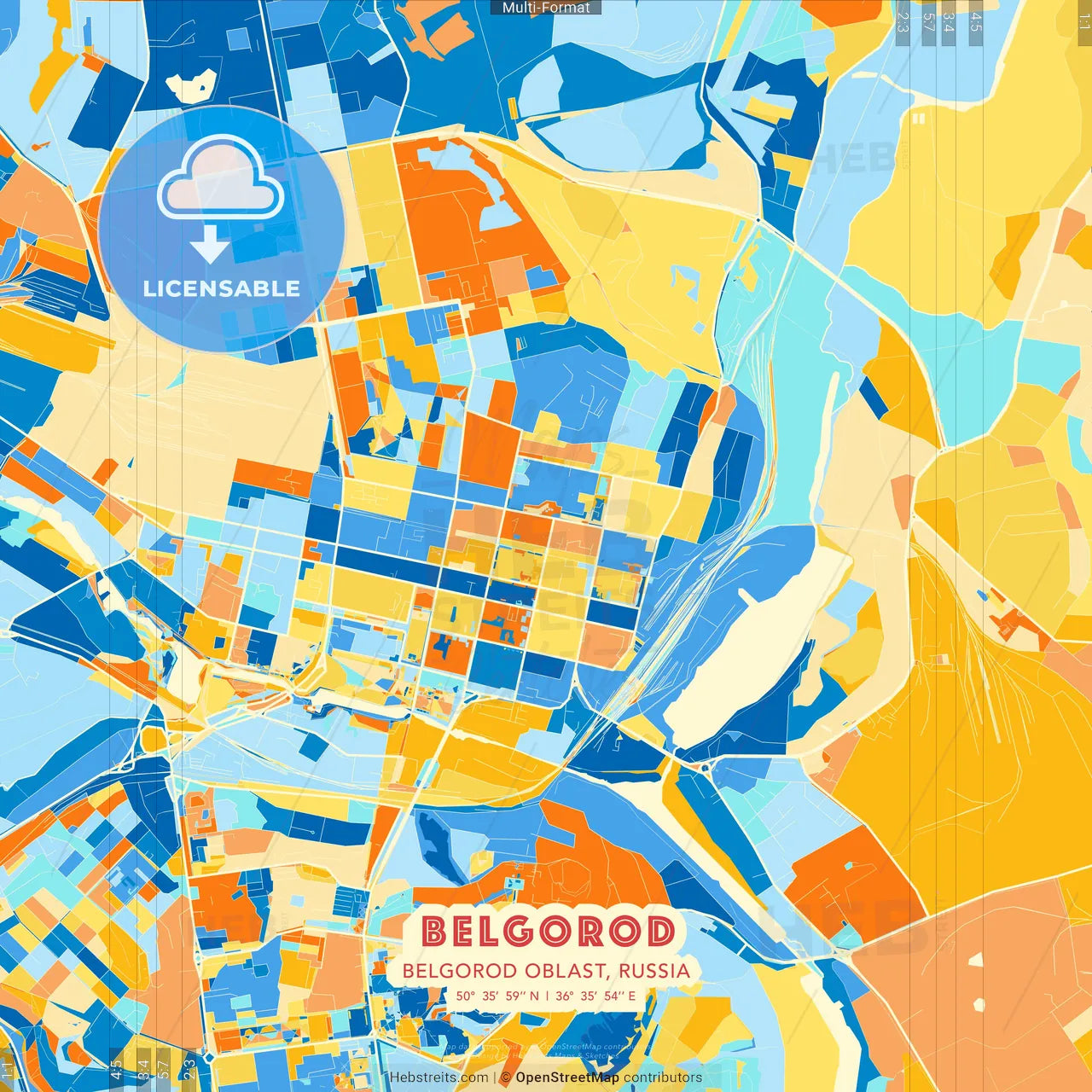Belgorod, Belgorod Oblast, Russia blue and orange vector art map template