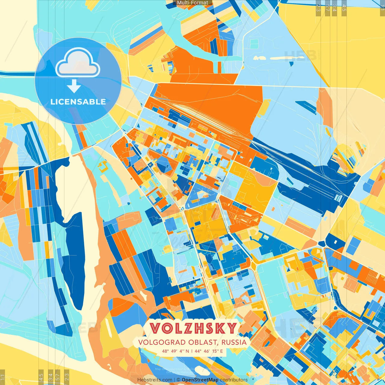Volzhsky, Volgograd Oblast, Russia blue and orange vector art map template