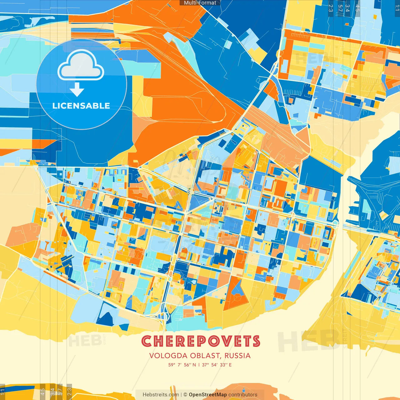 Cherepovets, Vologda Oblast, Russia blue and orange vector art map template
