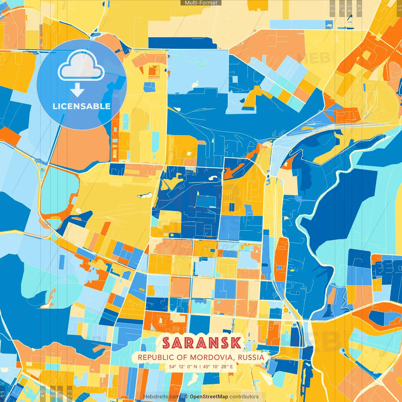 Saransk, Republic of Mordovia, Russia blue and orange vector art map template