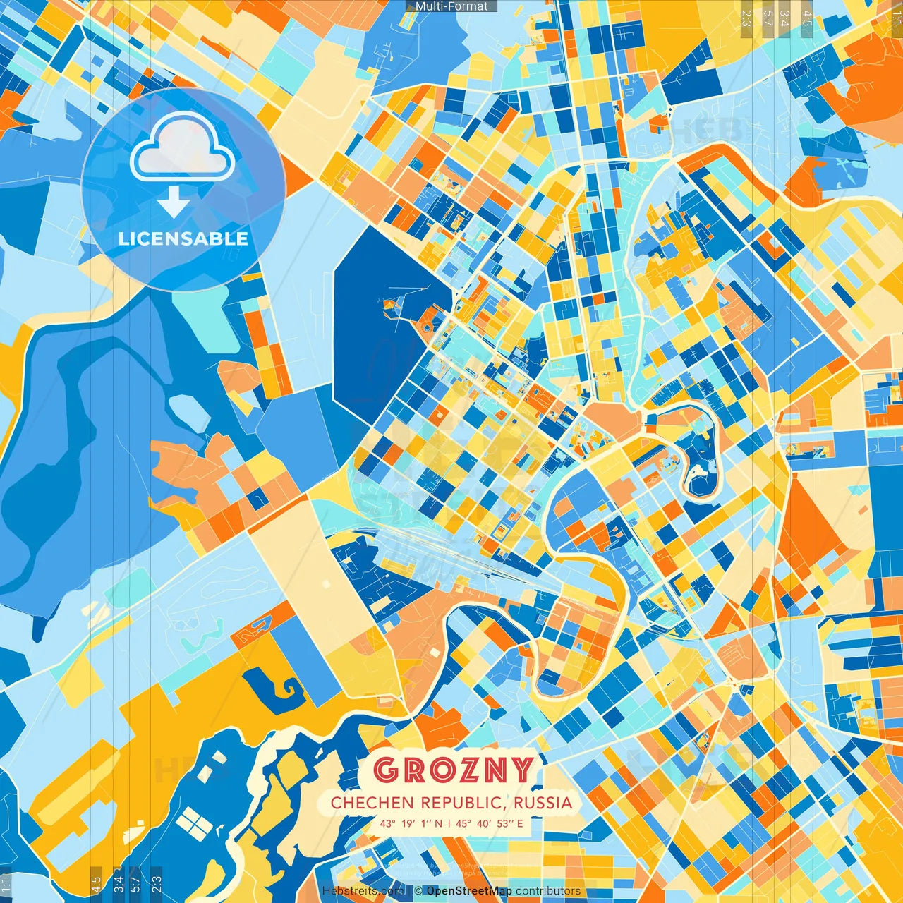 Grozny, Chechen Republic, Russia blue and orange vector art map template