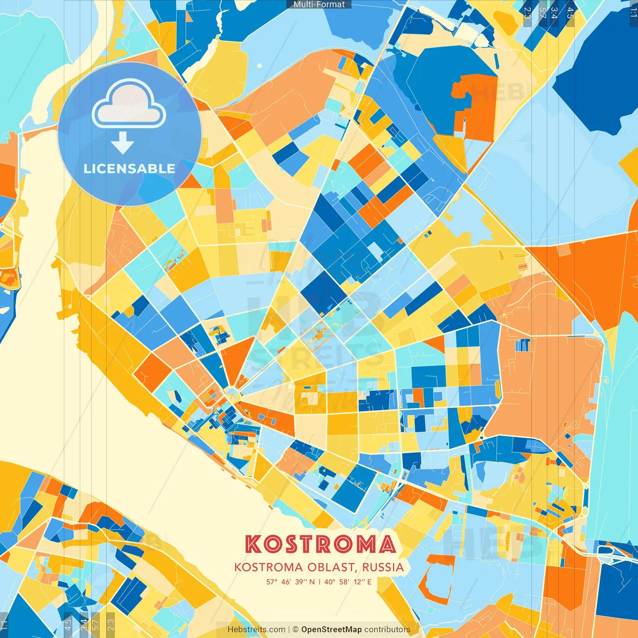 Kostroma, Kostroma Oblast, Russia blue and orange vector art map template