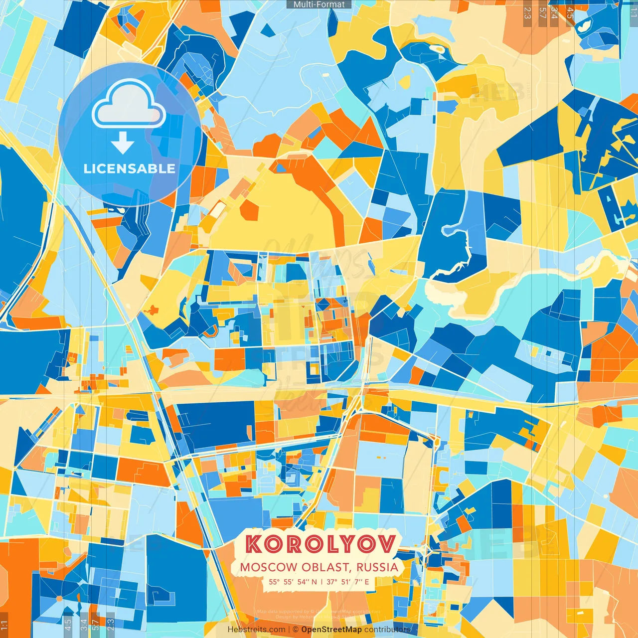 Korolyov, Moscow Oblast, Russia blue and orange vector art map template