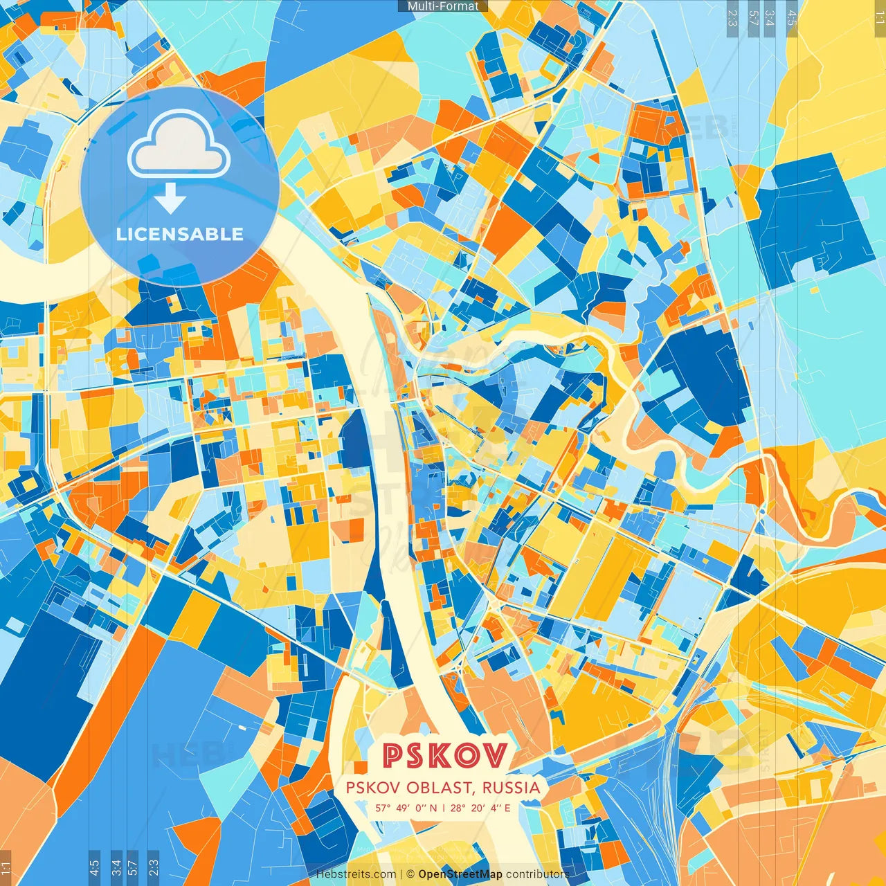 Pskov, Pskov Oblast, Russia blue and orange vector art map template