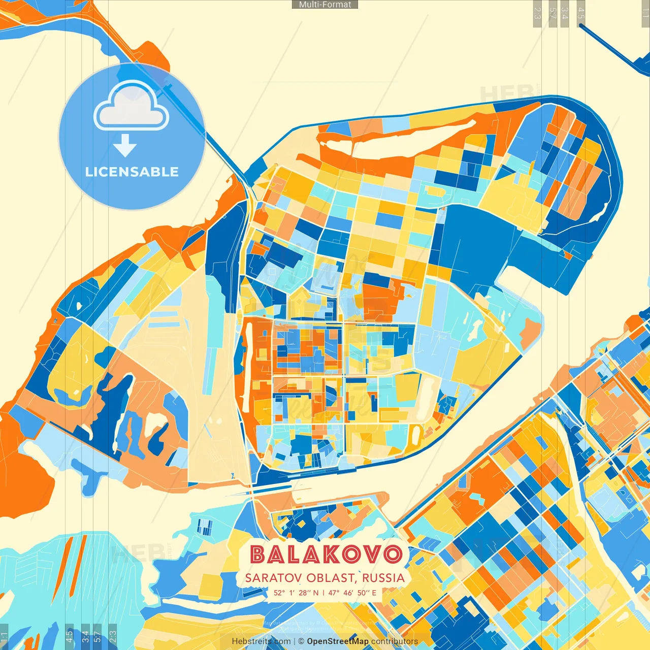 Balakovo, Saratov Oblast, Russia blue and orange vector art map template