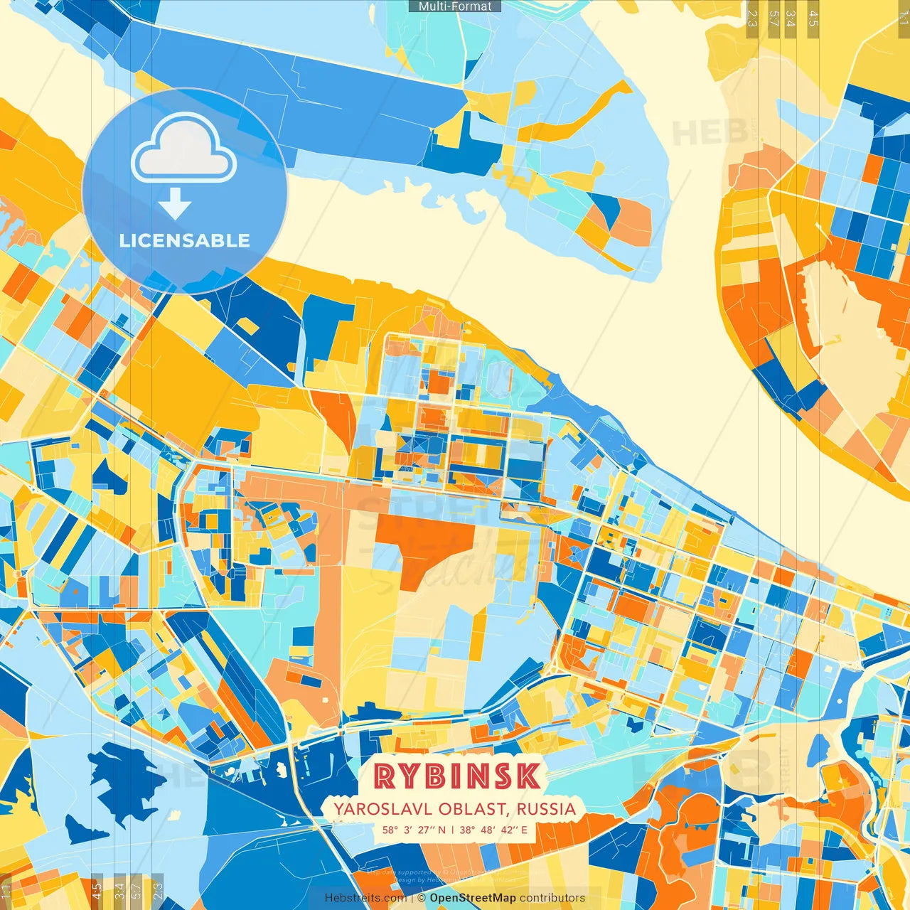 Rybinsk, Yaroslavl Oblast, Russia blue and orange vector art map template