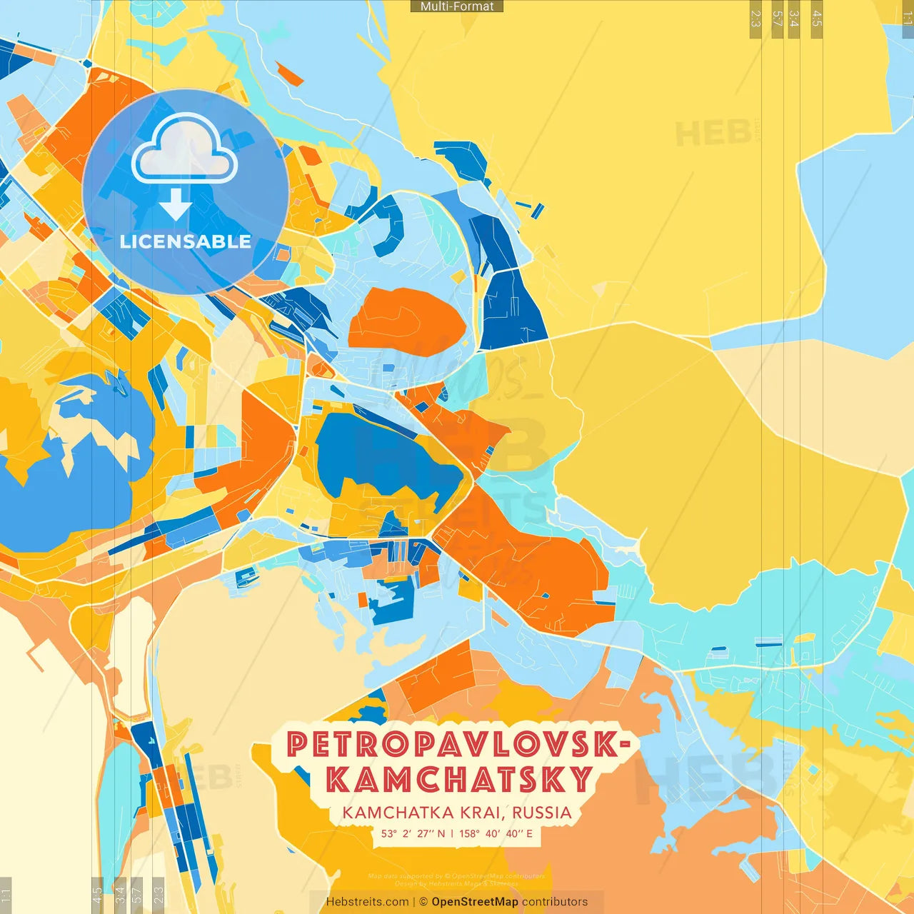 Petropavlovsk-Kamchatsky, Kamchatka Krai, Russia blue and orange vector art map template