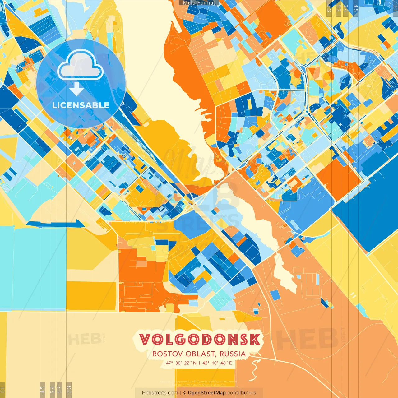 Volgodonsk, Rostov Oblast, Russia blue and orange vector art map template