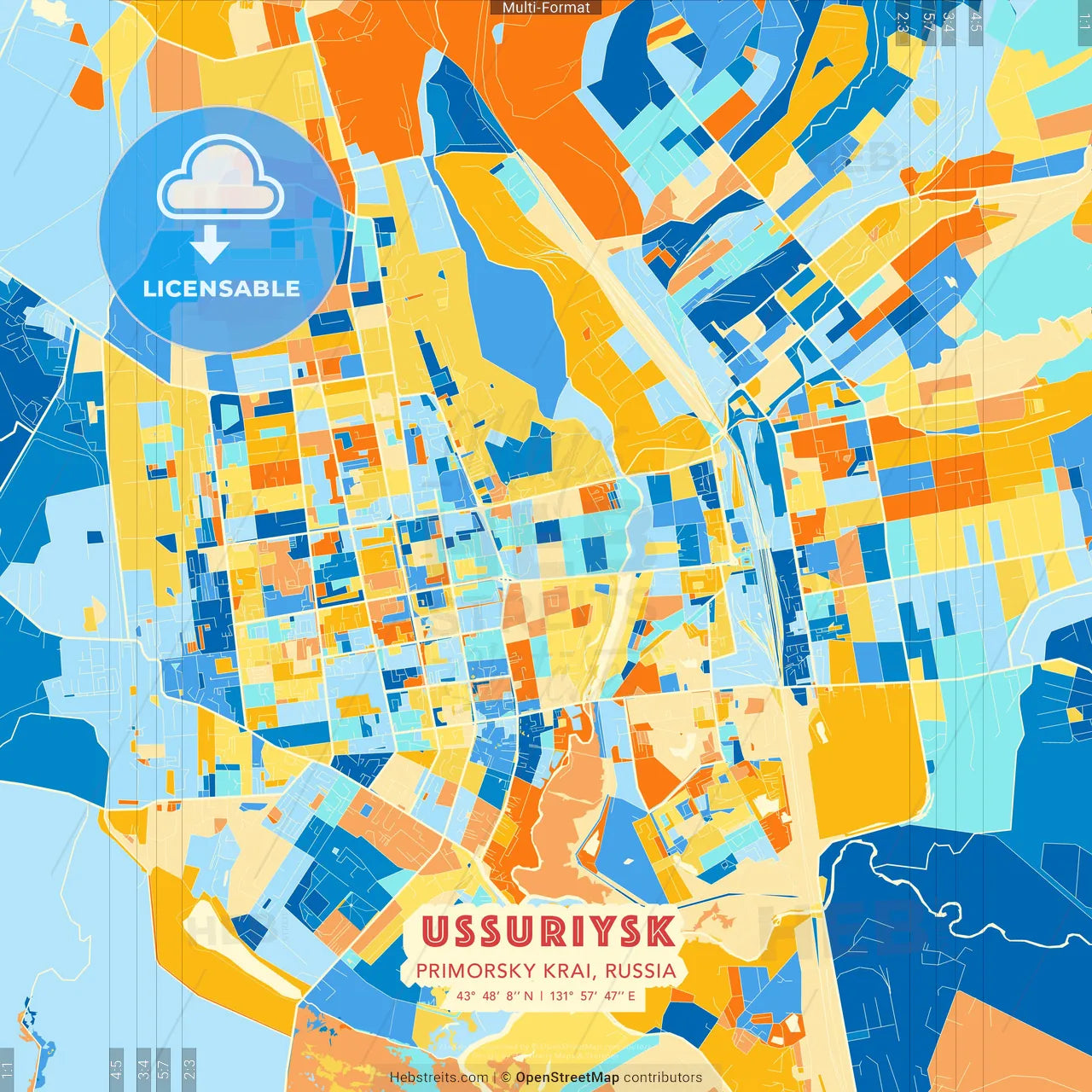 Ussuriysk, Primorsky Krai, Russia blue and orange vector art map template