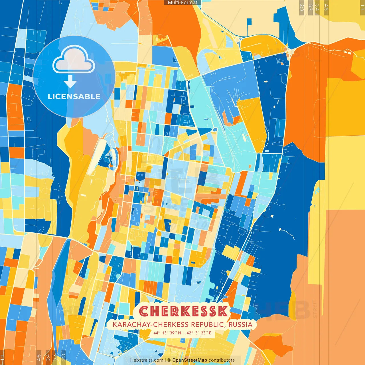 Cherkessk, Karachay-Cherkess Republic, Russia blue and orange vector art map template