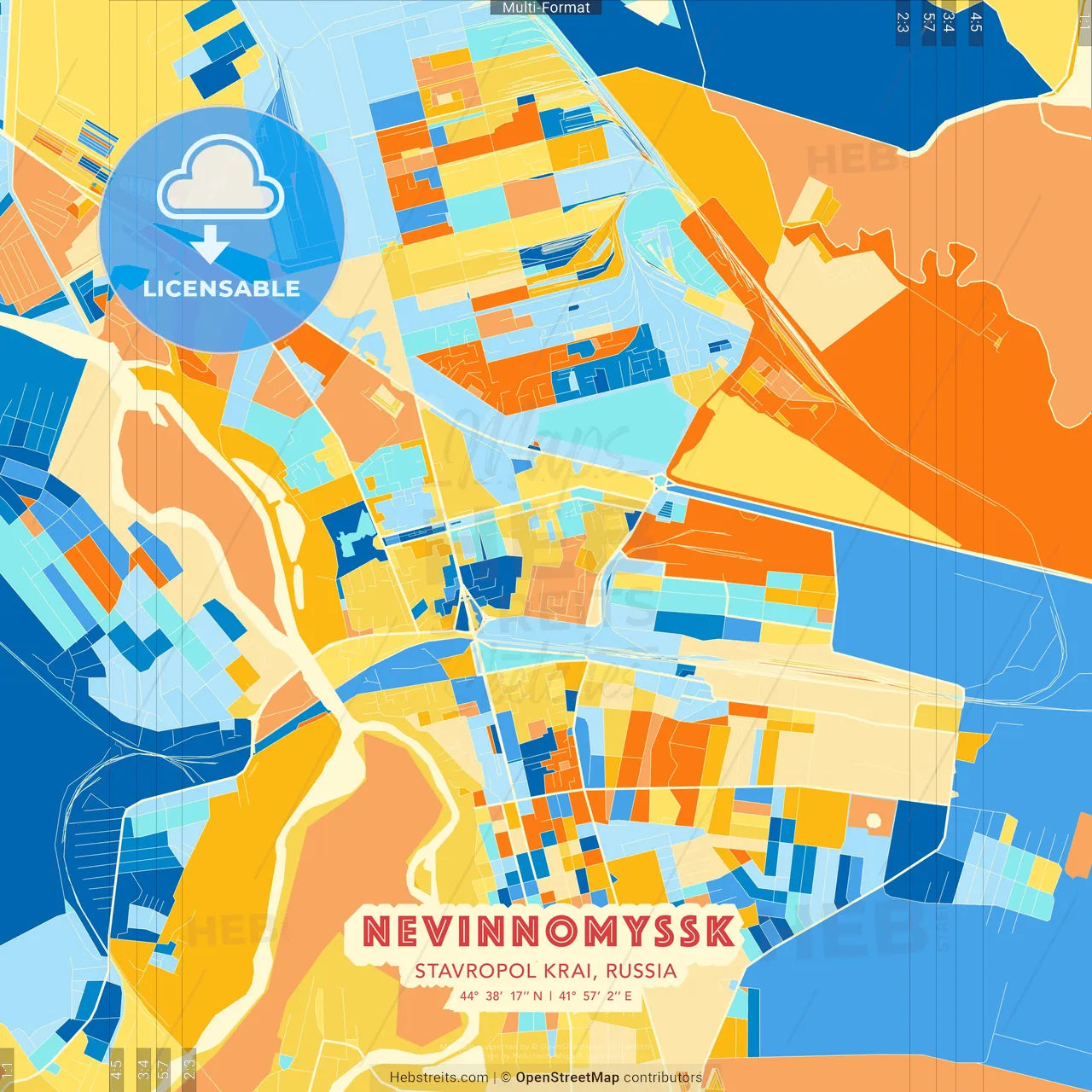 Nevinnomyssk, Stavropol Krai, Russia blue and orange vector art map template
