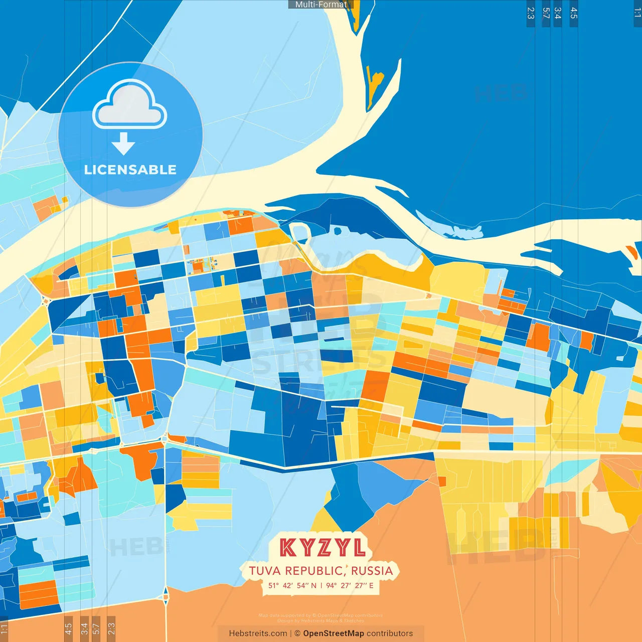 Kyzyl, Tuva Republic, Russia blue and orange vector art map template