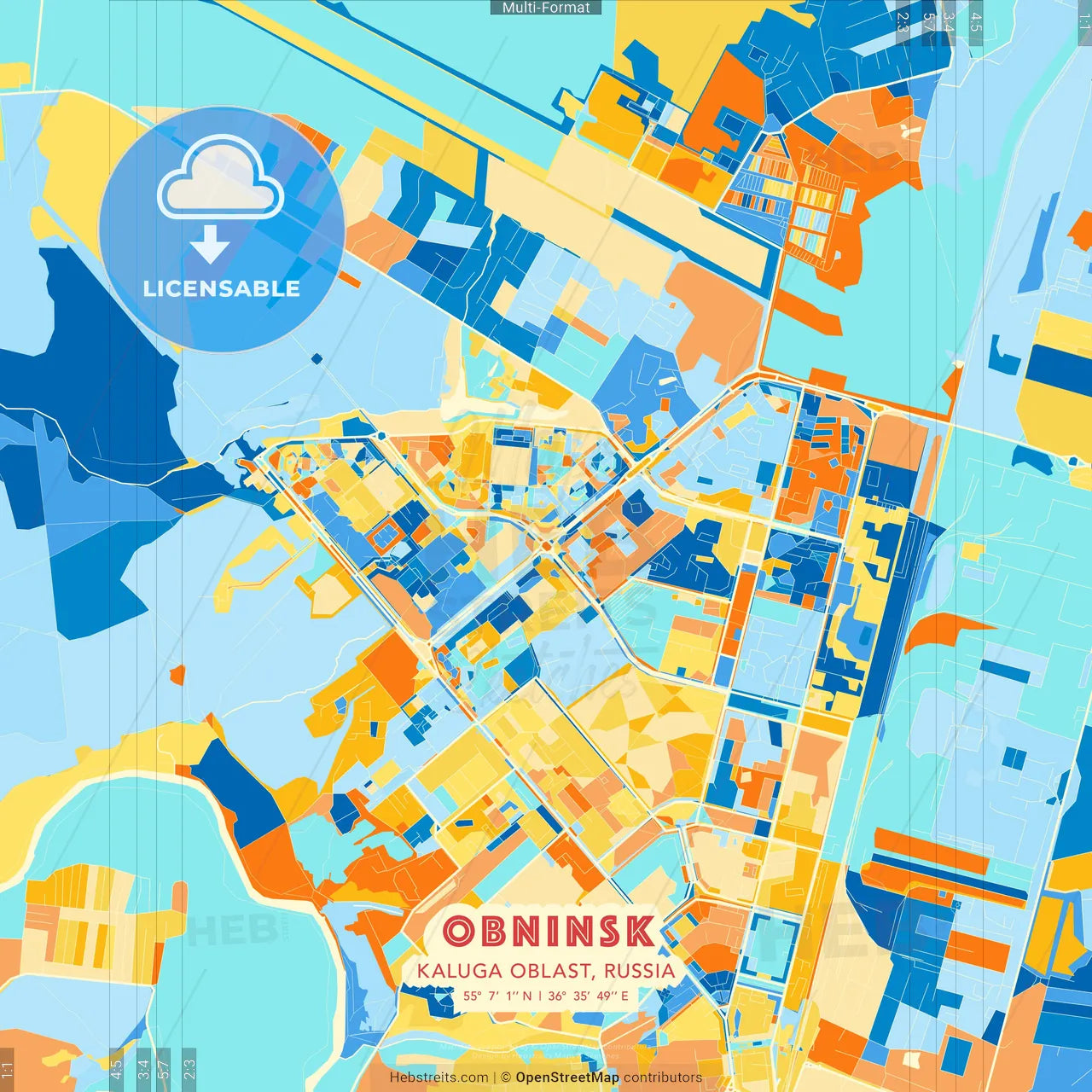 Obninsk, Kaluga Oblast, Russia blue and orange vector art map template
