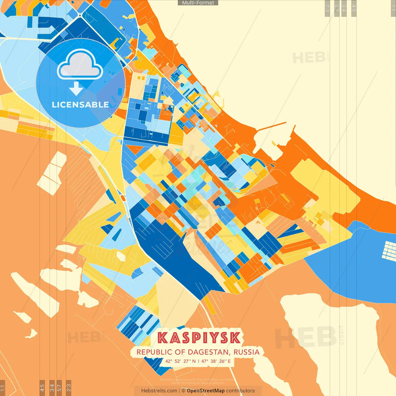 Kaspiysk, Republic of Dagestan, Russia blue and orange vector art map template