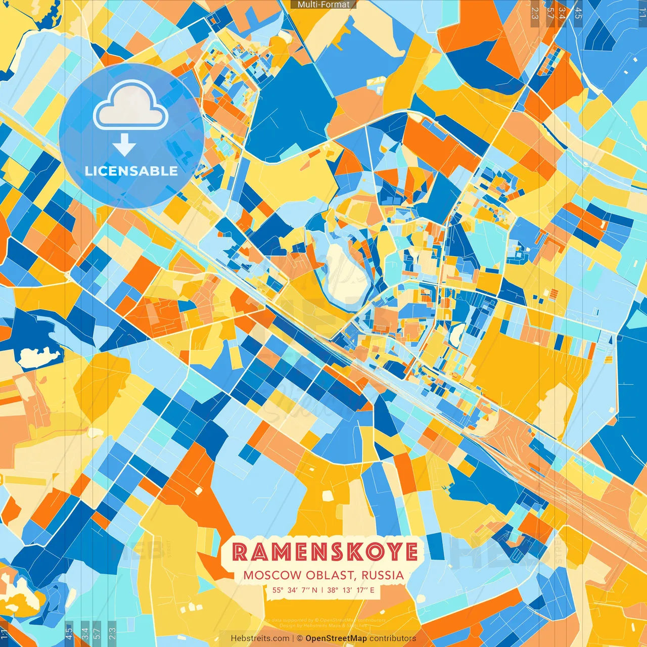Ramenskoye, Moscow Oblast, Russia blue and orange vector art map template