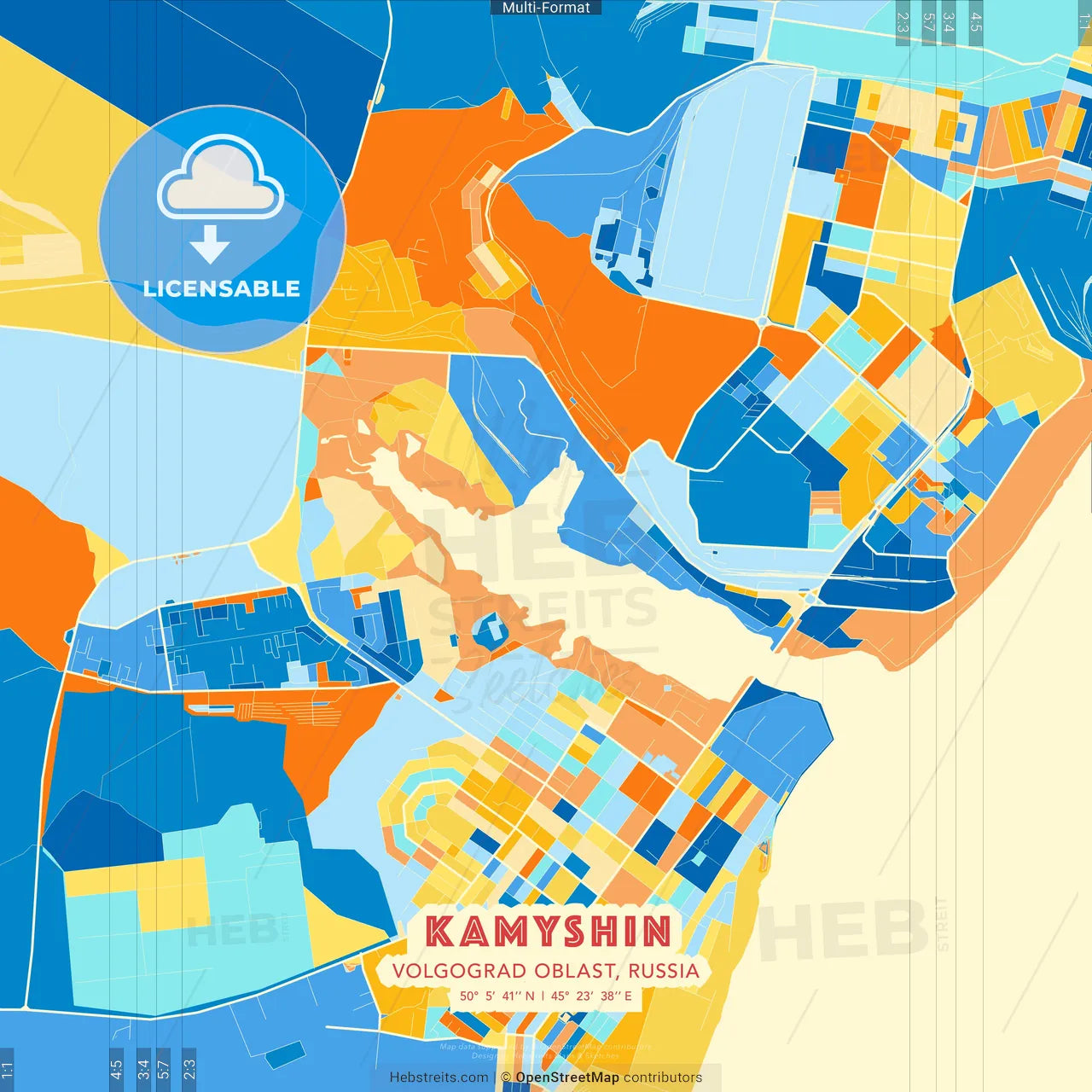 Kamyshin, Volgograd Oblast, Russia blue and orange vector art map template