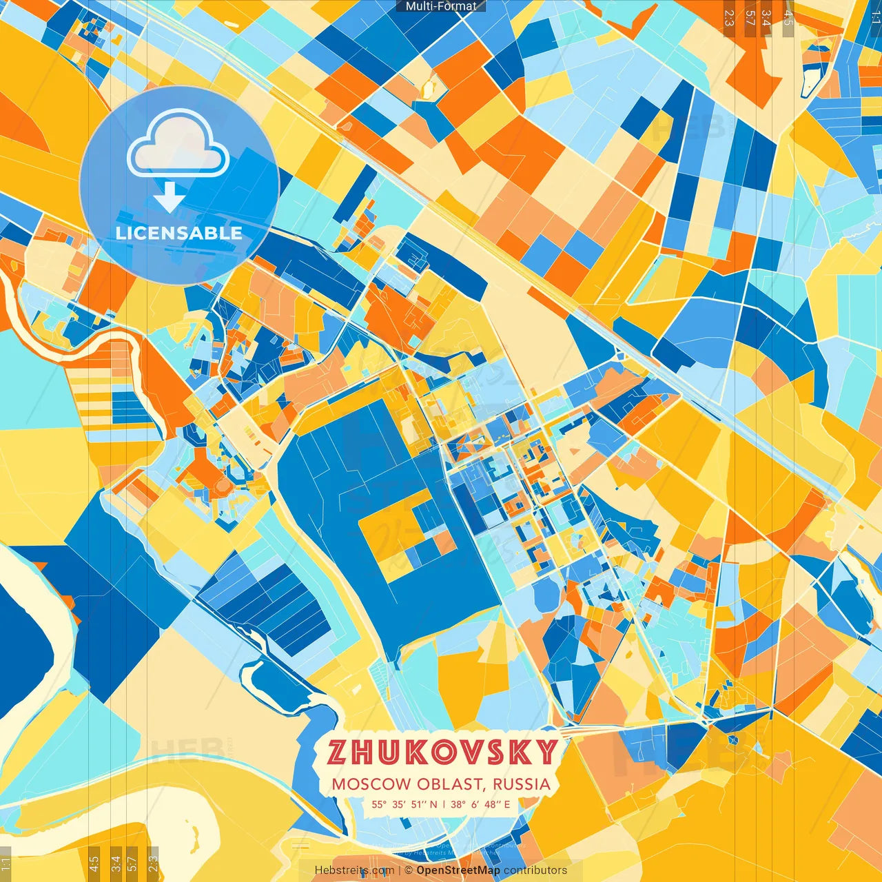 Zhukovsky, Moscow Oblast, Russia blue and orange vector art map template