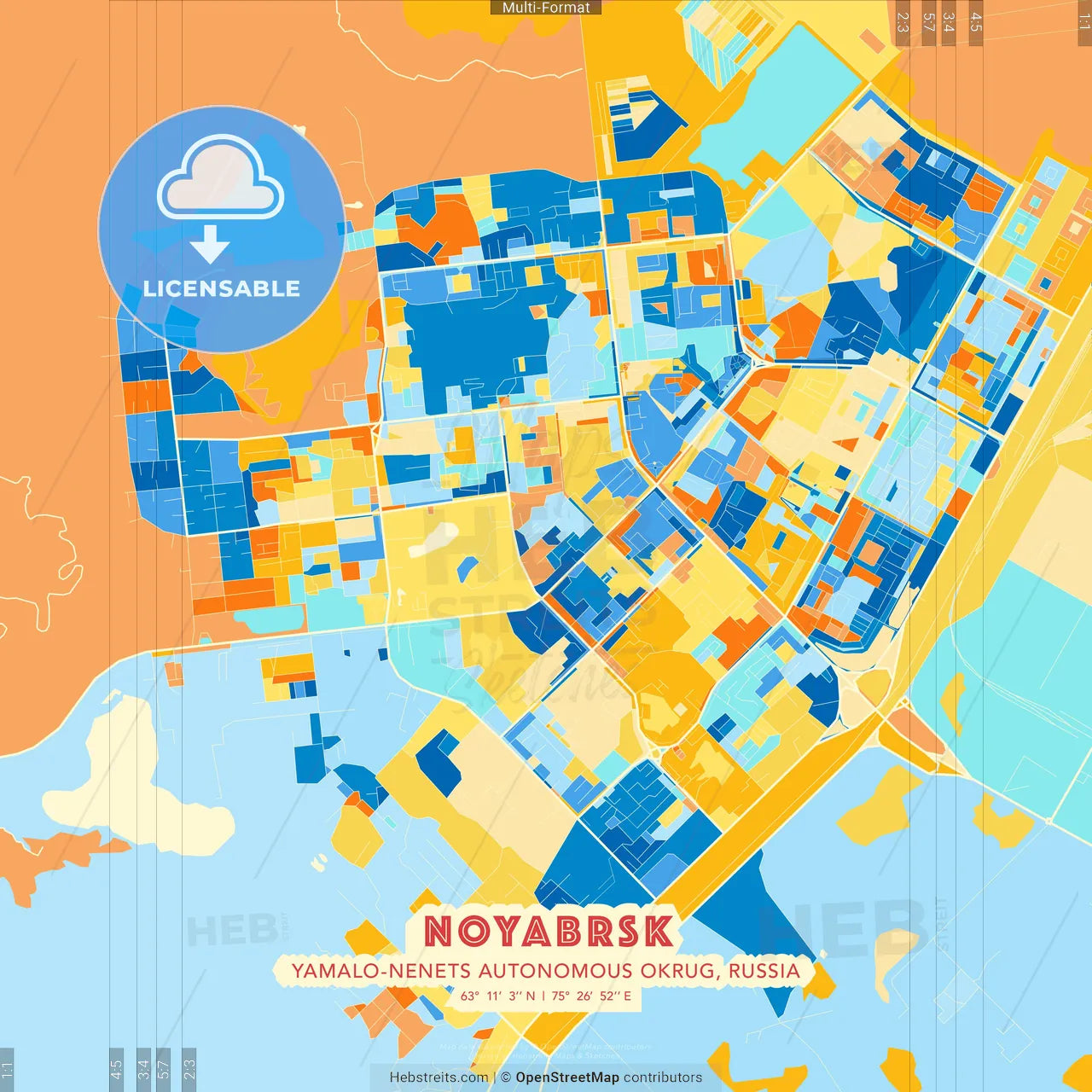 Noyabrsk, Yamalo-Nenets Autonomous Okrug, Russia blue and orange vector art map template