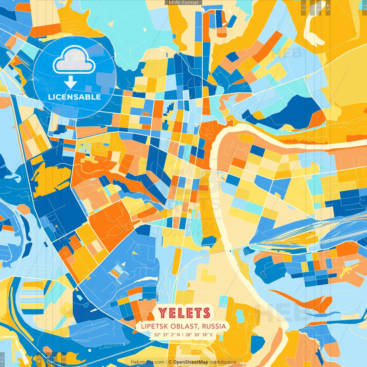 Yelets, Lipetsk Oblast, Russia blue and orange vector art map template